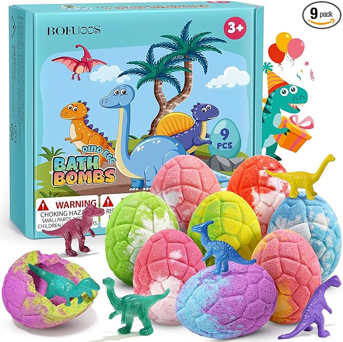 Dinosaur Bath Bombs for Kids with Surprise Inside, Mothers Day Gifts for Kids, 9 Pack Natural Organic Kid Bubble Bath Fizzy for Girls Boys with Bath Toys Inside