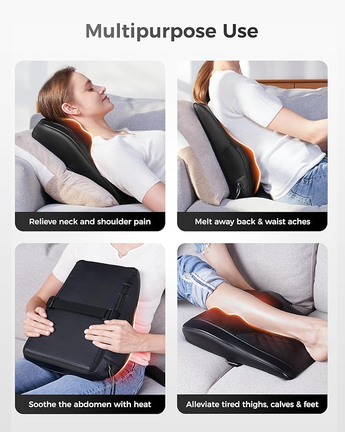 Boriwat Shiatsu Back Massager for Pain Relief Deep Tissue-Movable Electric Neck Back Massager with Heat- Rechargeable Cordless Massage Heated Lower Back Massage for Office/Home/Car-Gift for Men Women