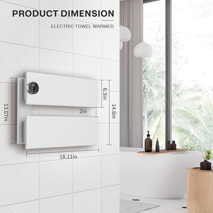 K&KALONZO Electric Towel Warmer, 18.35" W x 14.6" H Wall-Mounted Towel Heater with Built-in Timer, Waterproof Aluminum Towel Warmer for Bathroom, Support Plug-in and Hardwired, White, K2-L-W