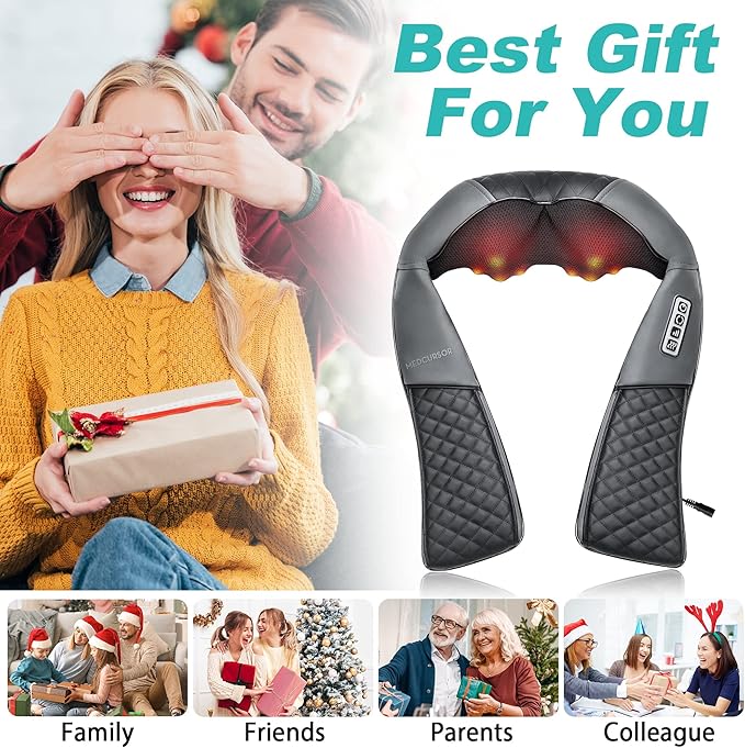 Medcursor Neck Massager, Portable Electric Shiatsu Back Massage Device with Heat, Deep Tissue 3D Kneading Pillow for Muscle Pain Relief, Mother’s Day Gift (No Battery)