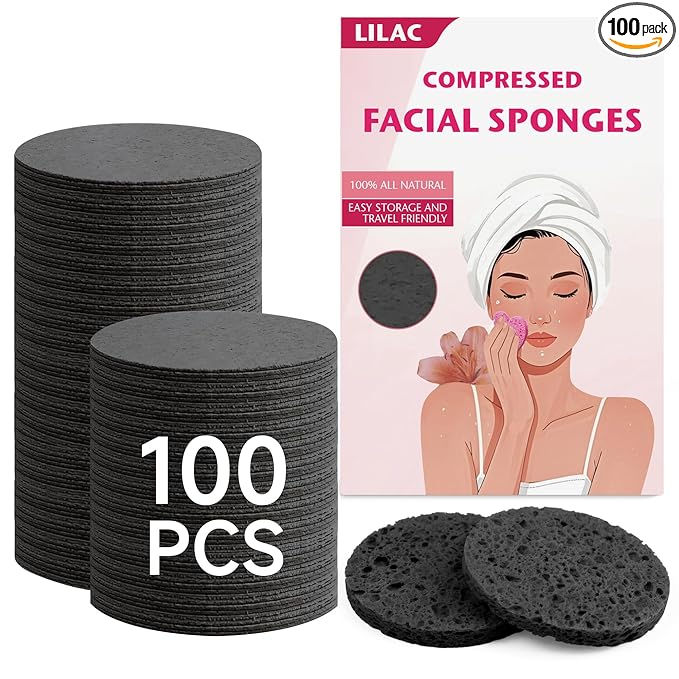 100 Count Compressed Facial Sponges 100% Natural Cellulose Eco-Friendly Makeup Sponges for Gentle Cleansing, Exfoliating & Stubborn Makeup Removal Travel for Women (Round Black)