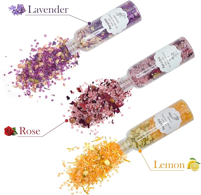 Bath Salts for Women Relaxing, Epsom Salt Bath Soak Gift Set, Mother's Day Birthday Gifts, Spa Bath & Foot Soak, Handmade with Dried Flowers, 3 Bottles Individual Pack, Lavender, Rose & Lemon Scents