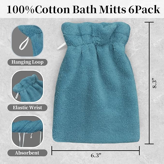 VOOVA & MOVAS 6-Pack Shower Wash Cloth, 100% Cotton Soft Absorbent Bath Mitts with Hanging Loop, 8.3x6.3 Inch European Style Bathing Gloves for Body & Spa, Aqua Blue