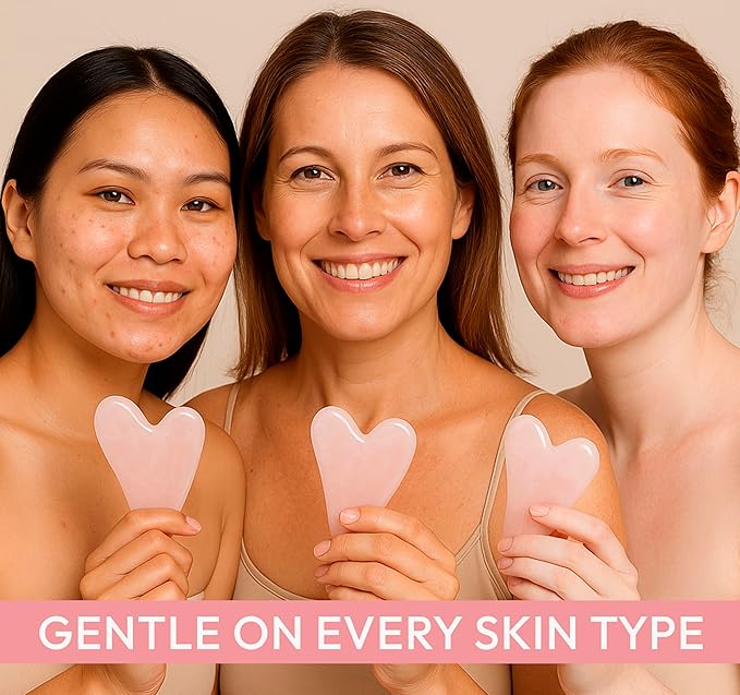 Rose Quartz Gua Sha Facial Tool Heart-Shaped Crystal for Puffiness, Lymphatic Drainage & Facial Sculpting – Hand-Carved Brazilian Stone for Face, Neck & Body