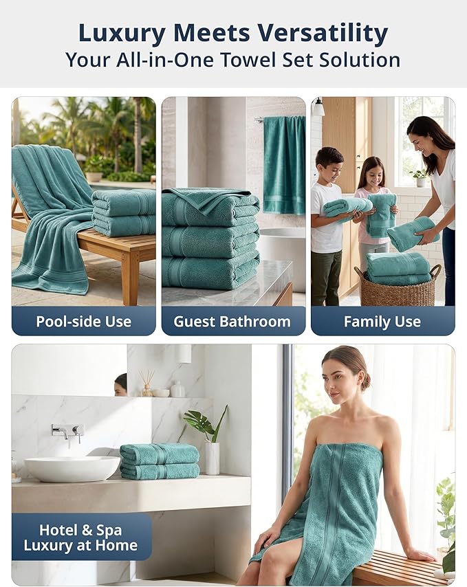 Lane Linen 100% Cotton Bath Towels 4 Pack (28"x54") - Zero Twist, Premium Cotton Large Towels Set for Bathroom - Quick Dry, Soft & Absorbent Large Bath Towel Set - Oeko Tex Certified, Pre Shrunk- Teal