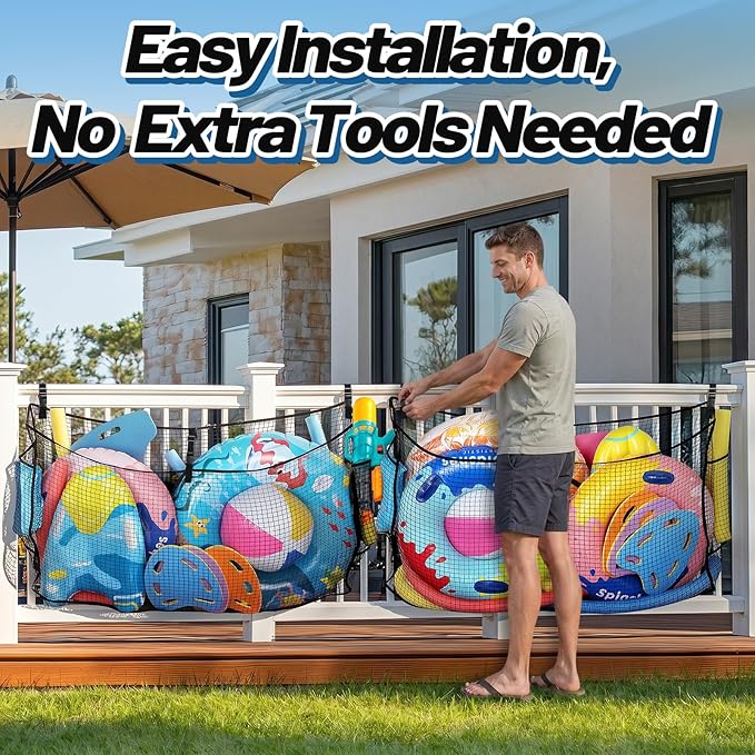 2Pcs Large Pool Float Toy Storage Net - 59x11.8x33.5in Durable Mesh Net Organizer for Fence with Straps, Poolside Fence Toys Holder for Inflatable Rafts Pool Noodles Balls Swimming Ring