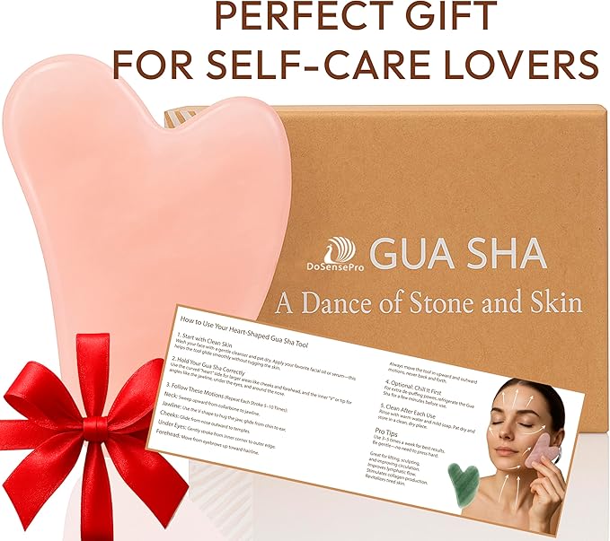 Rose Quartz Gua Sha Facial Tool Heart-Shaped Crystal for Puffiness, Lymphatic Drainage & Facial Sculpting – Hand-Carved Brazilian Stone for Face, Neck & Body