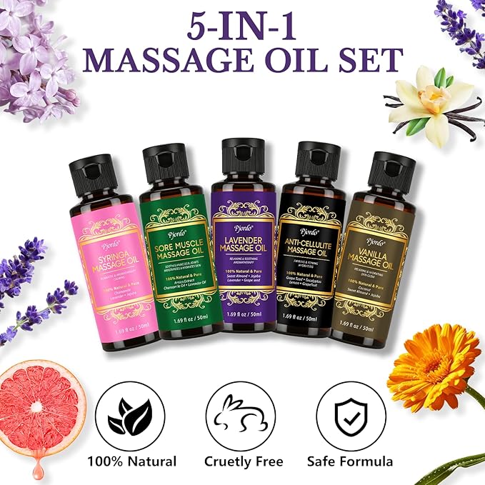Pjordo 5 Pack Massage Oil for Massage Therapy, Lavender, Vanilla, Sore Muscle, Syringa & Anti Cellulite Massage Oil Kit for Relaxing Muscle & Soothing The Body, Mothers Day Gifts for Women