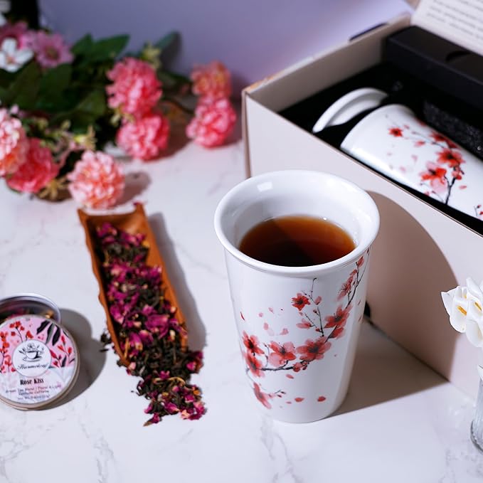 Harmoleaf Tea Gift Set for Women - 6 Herbal Loose Leaf Tea Blends, Insulated Ceramic Cup with Infuser & Lid | Birthday, Mother's Day, Anniversary & Retirement Gift for Her