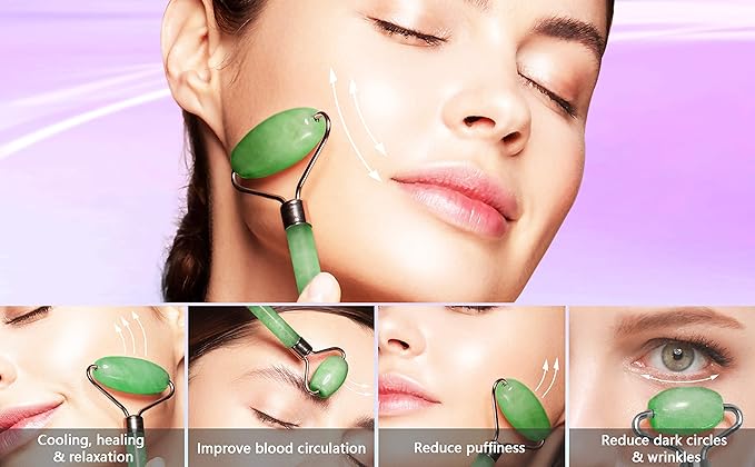 Mina Heal Jade Roller Face Massager - Lymphatic Drainage Massager Face Roller Massage Tool for Facial Lifting & Tightening, Anti-Wrinkles, Anti-Aging & Skin Rejuvenation (Jade Roller)