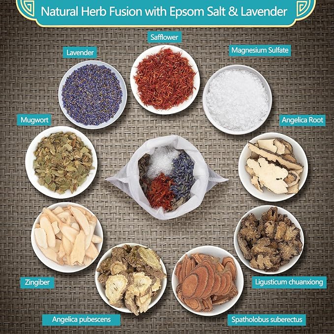 Fasplendor Epsom Salt Foot Soak Sachets with Lavender & Mugwort, Herbal Foot Soak Salts for Tired Feet, Home Pedicure & Relaxing Foot Bath, 10 Sachets