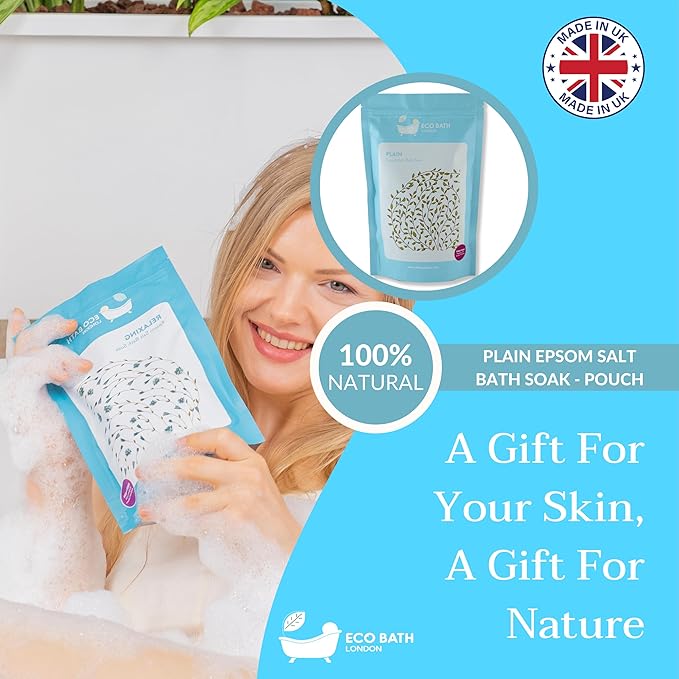 Eco Bath London Plain Unscented Epsom Salt Bath Soak - Pouch 2.2 lb (1 kg), Made in UK, Natural Magnesium Bath Salt, Relaxing Spa Bath Soak for Stress Relief, Self Care Gift for Women and Men