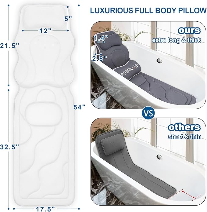Poemland Full Body Bath Pillow for Tub - Extra Long & Thick Tub Pillow with Head, Back & Lumbar Support, 168 Non-Slip Suction Cups, Soft 5D Mesh Spa Cushion, Fits All Tubs-Gift for Soaking