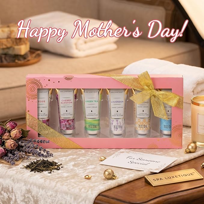 spa luxetique Hand Cream Gift Set, Mothers Day Gifts for Mom, Moisturizing Hand Lotion for Dry Cracked Hands Cream Travel Size, Teacher Appreciation Gift Nurse, Birthday Gifts for Women, 6 x 1 OZ