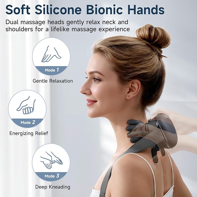 Neck Massager for Pain Relief with Deep Tissue Massage and Heat, Bionic Hand Neck and Shoulder Massager for Back Relaxation Home Office Travel