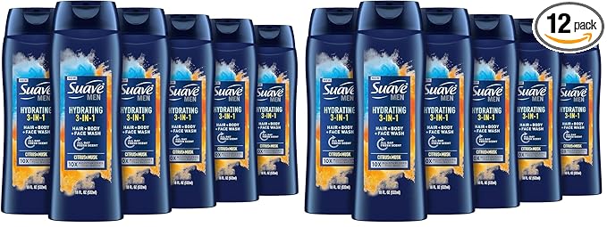Suave Men Moisturizing Body, Face and Hair Wash, 3-in-1 For Hydrated Skin and Hair, Citrus & Musk scent, No Parabens, No Phtahaltes, 18 Oz, (Pack of 12)