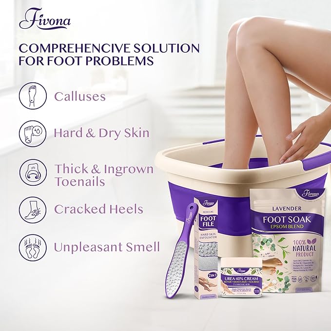 Fivona Foot Care Kit 4 in 1 - Foot Soak Blend with Epsom Salt, Lavender and Essential Oils - Collapsible Foot Soak Basin - 40% Urea Cream for Hard, Dry Skin - Dual Action Foot File