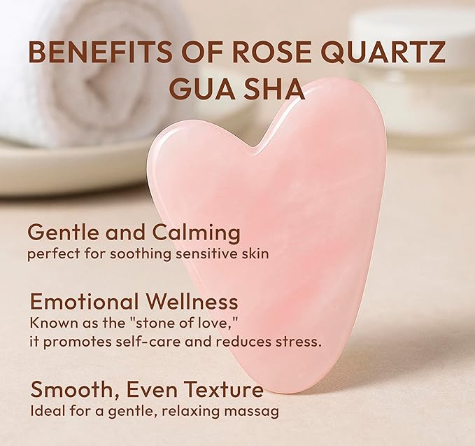 Rose Quartz Gua Sha Facial Tool Heart-Shaped Crystal for Puffiness, Lymphatic Drainage & Facial Sculpting – Hand-Carved Brazilian Stone for Face, Neck & Body