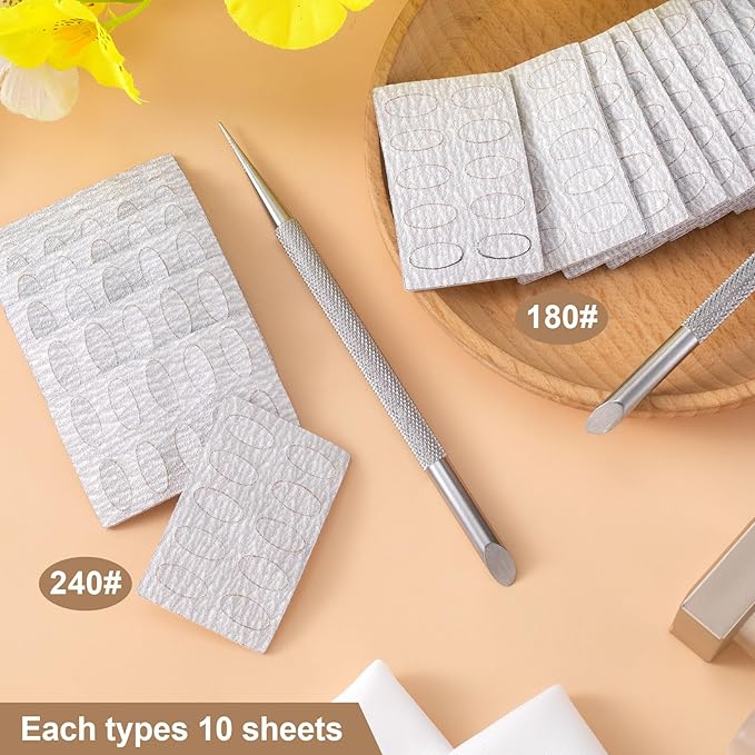 HINZIC Stainless Steel Nail Cuticle Pusher Tools Dual Ended Cuticle Remover Self-Adhesive 240/180 Grit Sandpaper Sheets Nail Care Replacement for Women Girls