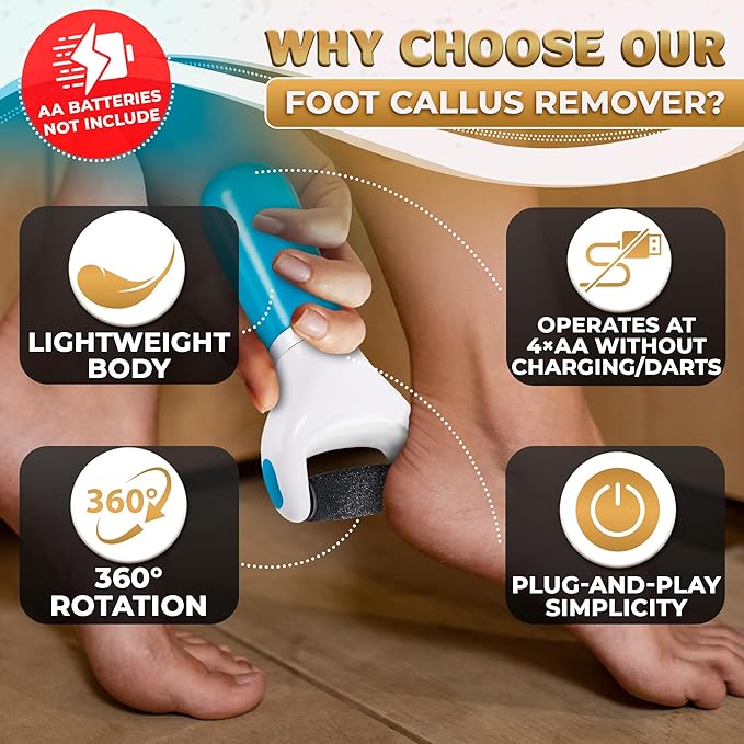 Electric Foot Callus Remover Tool | Batteries Not Included – High-Speed Foot Grinder with Easy-to-Replace Roller – On-the-Go Electric Callus Remover for Feet | Pedicure Tools for Feet Smoothing