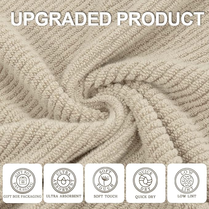 VOOVA & MOVAS Bath Towel Sets - 100% Cotton | Quick Dry | Light Weight | Thick | Soft, Beige Towels Set of 6, 2 Large Bath 30" x 56", 2 Hand 18" x 28", 2 Washcloths 13" x 13", Tan Towel Gift Set