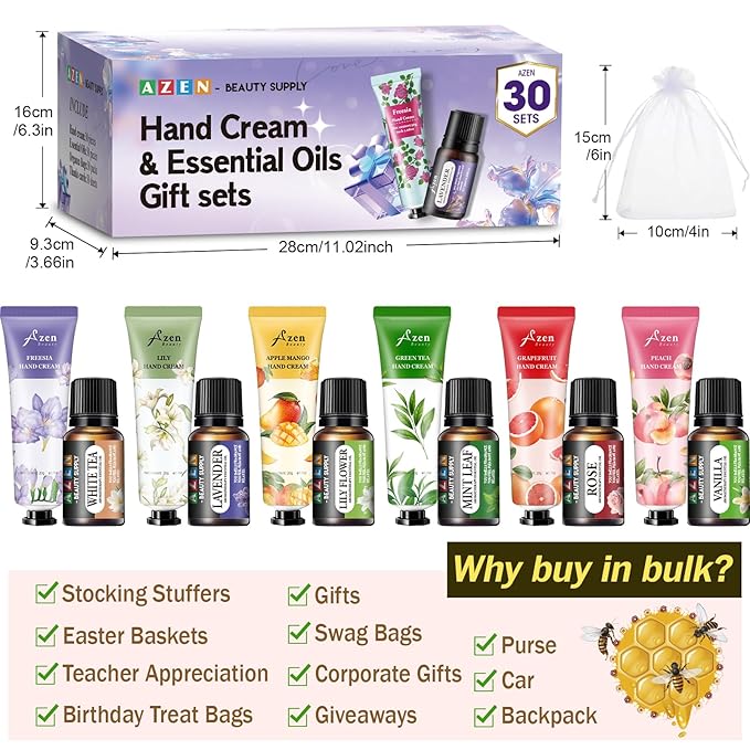 AZEN 30 Sets Bulk Gifts, Hand Cream and Essential Oils Bulk Set with Organza Bag Thank You Card, Baby Shower Wedding Gift for Guests, Bridal Wedding Favors, Mothers Day Gifts Stocking Stuffers