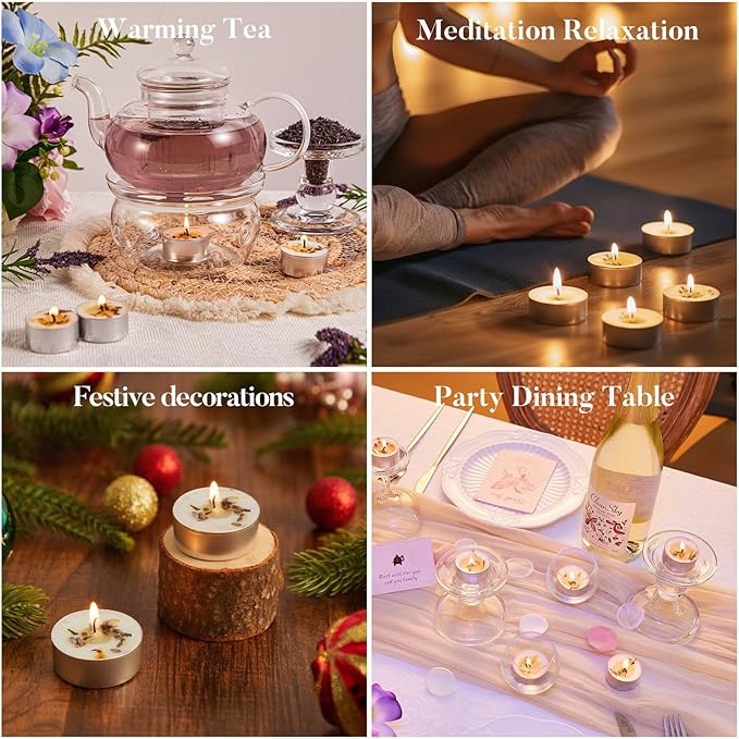 48 Pack Lavender Scented Tealight Candles with Real Petals, Natural Soy Wax 6H Burn Time, Non-Toxic Smokeless Scented for Bath, Wedding, Decor
