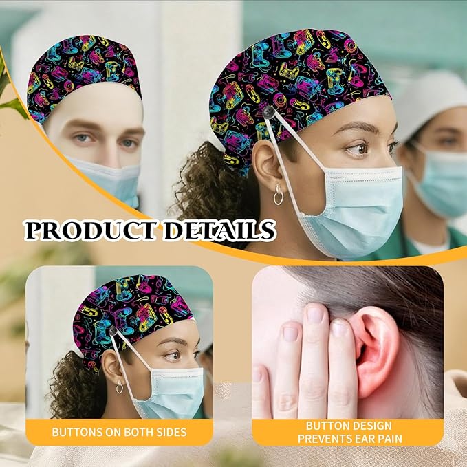 Adjustable Scrub Cap with Buttons & Sweatband, Working Hat with Elastic Tie Back, Unisex Nurse Surgical Caps for Women & Men