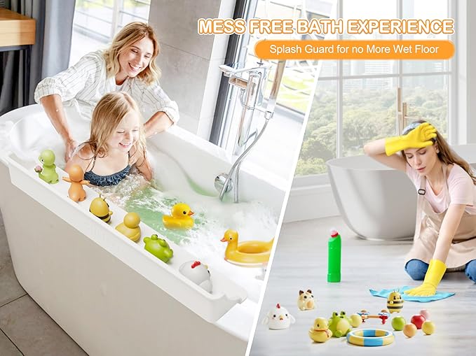 Cushore 3-Ft Bathtub Splash Guard PlayPad with Strong Suction Cups, Toy Tray Caddy Holder Storage, No-Leak, Mess-Free Bath Time for Kids, White