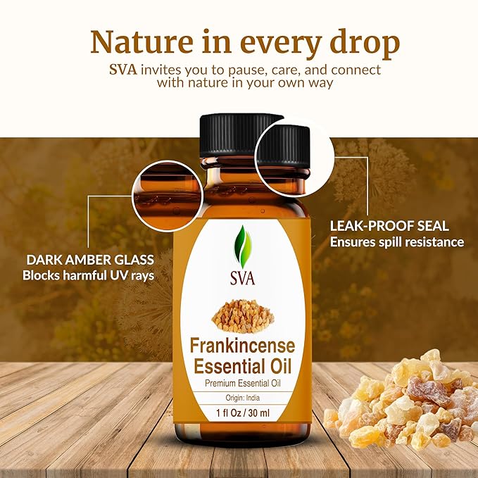 SVA Frankincense Essential Oil – 1 Fl Oz – 100% Natural Boswellia Serrata Oil - for Diffuser, Hair Care, Face, Skin Care, Aromatherapy, Scalp and Body Massage, Soap and Candle Making - with Dropper