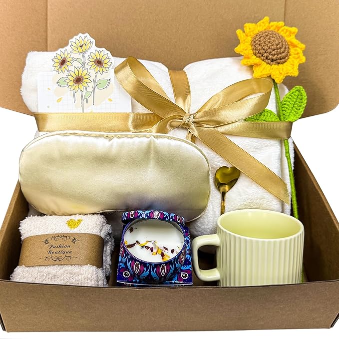 Gift Baskets for Women, Self Care Package, Birthday, Sunflower Get Well Soon, Thinking of You, for Mom Wife Sister Best Friend with Flannel Blanket Shawl