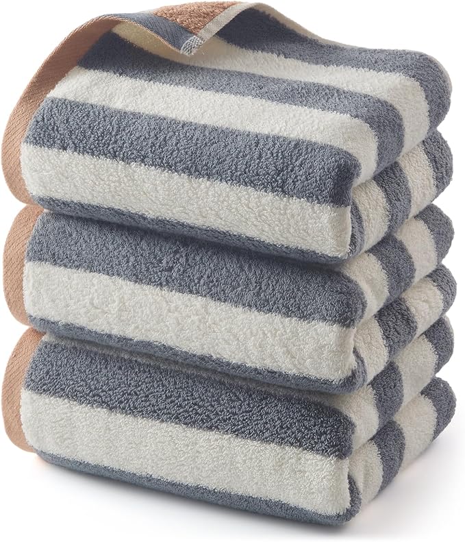 REDKISS 3-Pack Gray Hand Towels for Bathroom - 12 x 28 Inches 100% Cotton Towels, Ultra Soft and Highly Absorbent Striped Hand Towel for Bath, Gym, Hotel, Kitchen and Spa