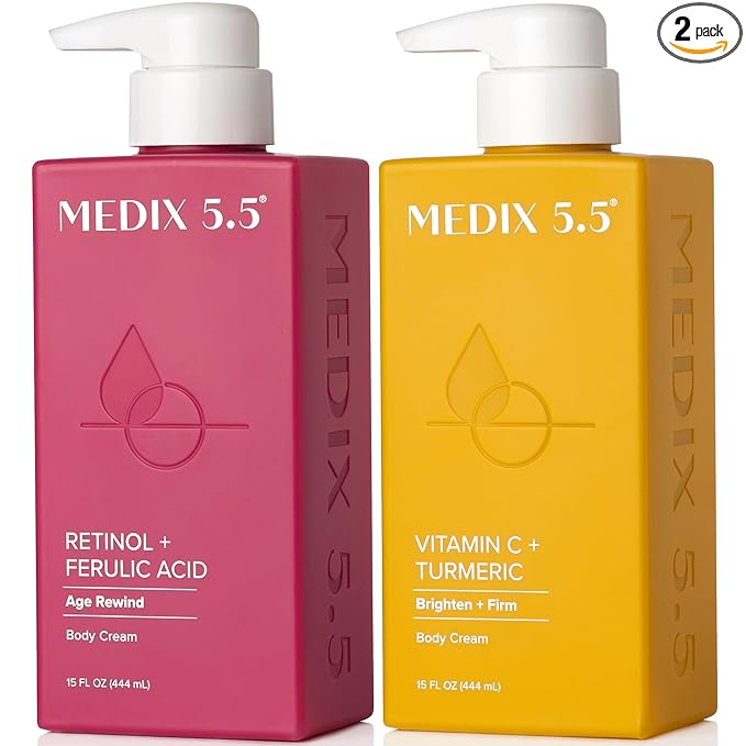 Medix 5.5 Retinol Body Cream + Vitamin C Lotion Anti Aging Moisturizer Skincare Set, Retinol Lotion Targets Wrinkles, Sagging Skin, Crepey Skin, Vitamin C Cream Brightens & Hydrates Dry Skin, Bundle