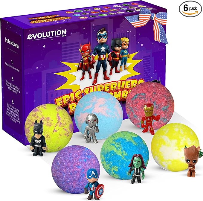 EvolutionUSA 6 Purple Epic Superhero Bath Bombs for Kids – Childrens Super Hero Bath Bombs Toy, Organic Bathbomb with Surprise, Superhero Bath Fizzers, Lush Bathbombs Birthday, Christmas, Easter