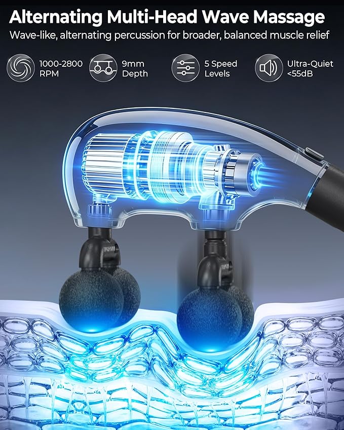 KingPavonini Multi-Head Detachable Massage Gun Deep Tissue with Extension Handle, Large Coverage Alternating Percussion Massager Gun for Pain Relief, Handheld Back Massage Gun, Gift for Men Women