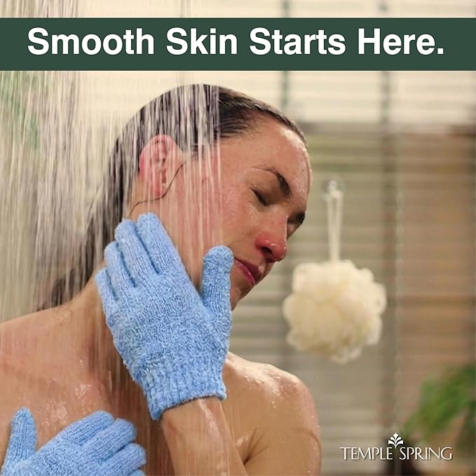 Temple Spring Shower Gloves Exfoliating for Women – Natural Textured Rayon Bamboo Exfoliating Glove with Thicker Weave for Deep Cleansing, Dead Skin Removal & Smooth Radiant Skin (1 Pair, Blue)