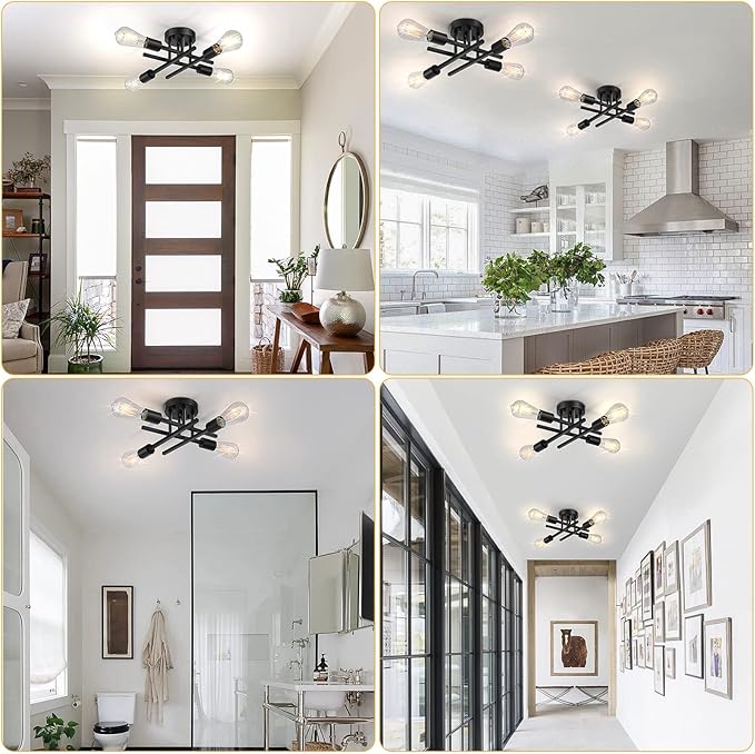 SunRider Industrial 4-Light Semi Flush Mount Ceiling Light Fixture, Modern Farmhouse Lights Matte Black, Rustic Sputnik Chandelier for Bedroom Foyer