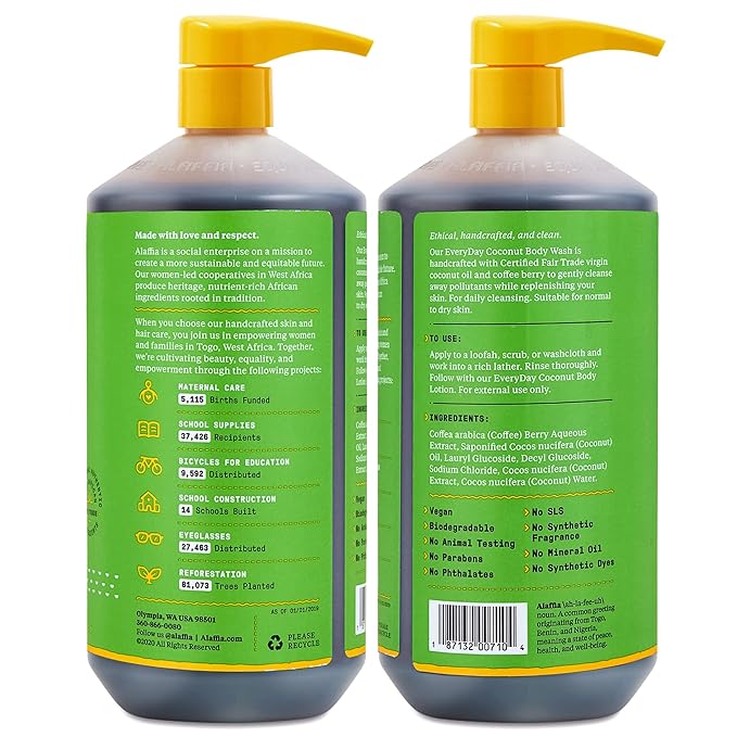 Alaffia Body Wash, EveryDay Coconut 2-Pack – Purely Coconut Gentle Skin Cleanser for Normal to Dry Skin, 32 Oz Ea