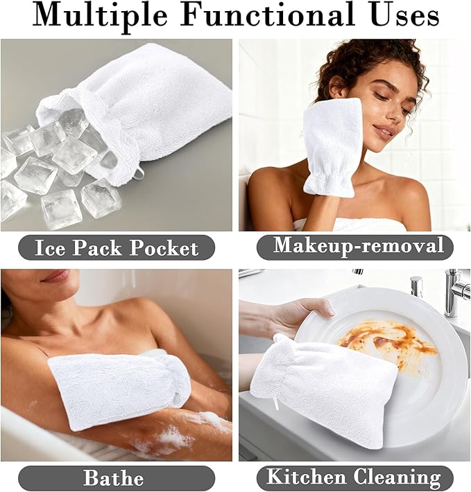 VOOVA & MOVAS White Exfoliating Washcloth 6PC, 8.3"x6.3" - 100% Cotton, Soft Absorbent Body Shower Glove Washcloth with Hanging Loop, Wash Mitts for Body