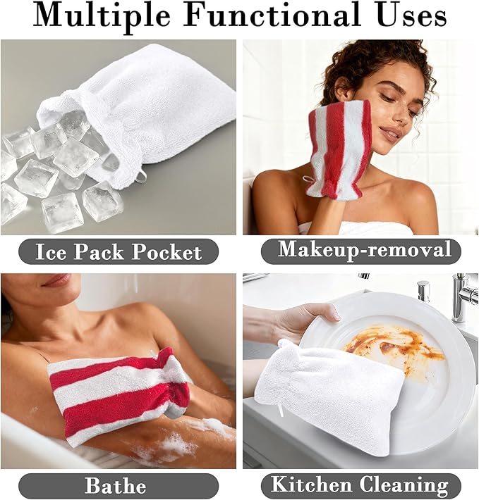 VOOVA & MOVAS Wash Mitts for Body 6-Pack, 100% Cotton Soft Absorbent Wash Cloths with Hanging Loop, 8.3x6.3 Inch European Style Wash Gloves for Shower & Spa, Red Stripe & White