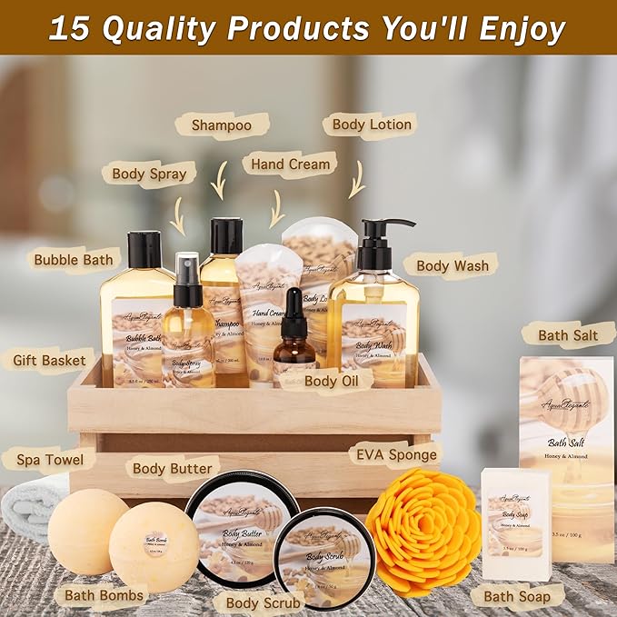 Aqua Elegante Full Spa Gift Set - 15 Piece Premium Bath Basket with Wash, Bubbles, Lotion, Salts, Body Scrub, Towel, Shower Puff, Bathbombs, Reusable Basket, Gifts for Women - Honey & Almond