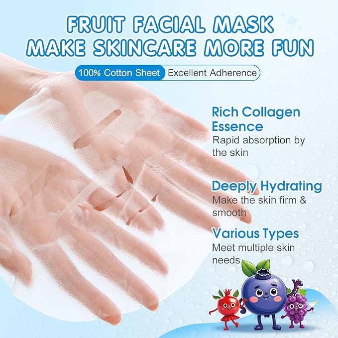 KONEUK 28 Pack Fruit Face Masks Skincare for Kids Girls, Sheet Collagen Face Mask for Women Skin Care, Bulk Hydrating Facial Mask for All Skin Types, Mothers Day Gifts and Party Spa Gifts for Teens