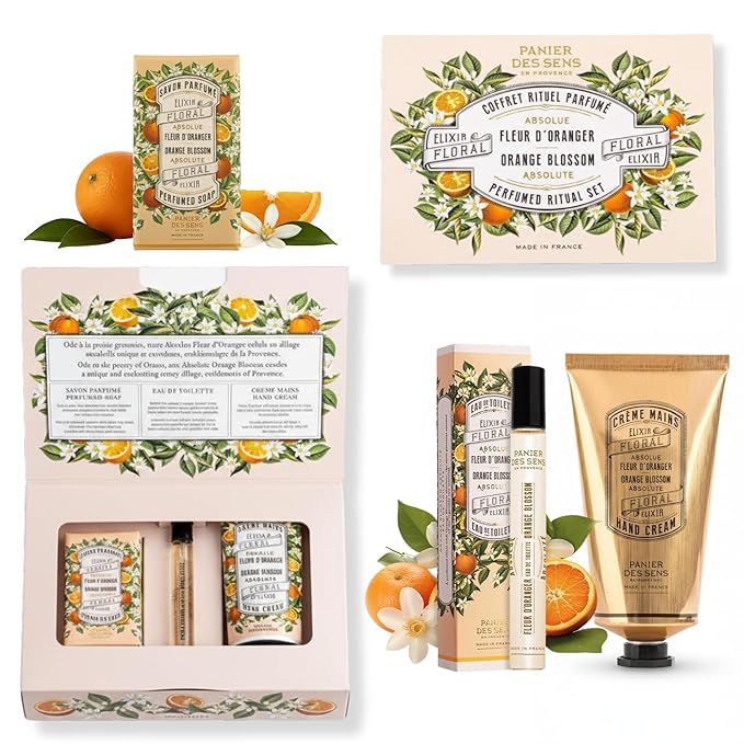Panier des Sens - Orange Blossom Gift Set for Women - Roll On Perfume + Hand Cream + Bar Soap - Mothers Day Gift Ideas, Birthday Gift for Her - Self Care Kit with 96% Natural Formula - Skin Care Set