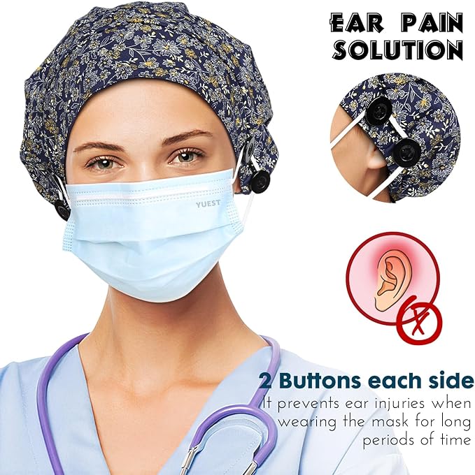 2 Pack Satin Lined Bouffant Scrub Caps with Buttons, Adjustable Scrub Caps for Women Men