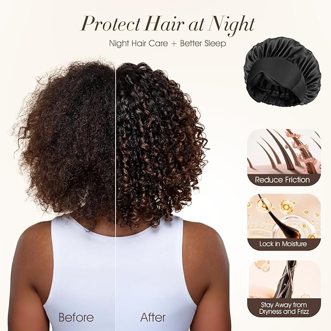 LC-dolida Satin Silk Bonnet for Sleeping Women Men, Hair Bonnet for Curly & Natural with Sleep Mask, Reduce Frizz