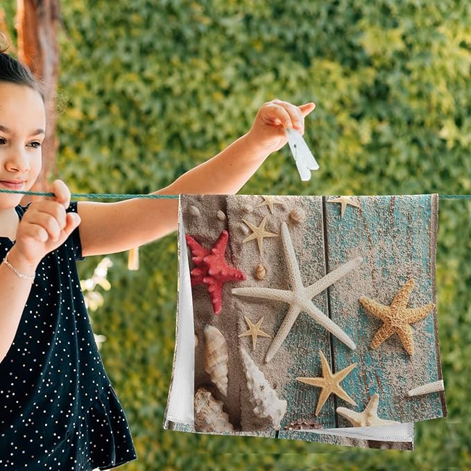 Nautical Seashell Starfish Hand Towels for Bathroom Set of 2,Decorative Summer Blue Wooden Beach Themed Bathroom Towels for Bath,Face,Hair,Soft Absorbent Dish Towels for Kitchen Decor 28"x14"