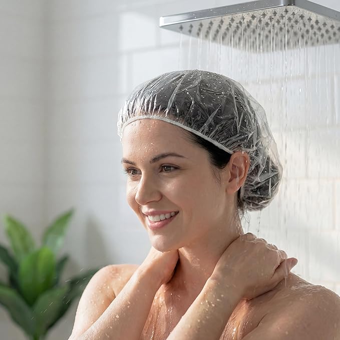 120 PCS Disposable Shower Caps – Large Thick Waterproof Stretchable Clear Plastic Bath Hair Bonnet for Women, Men, Long Hair, Ideal for Hair Treatment, Travel, Spa & Home Use(18.1")