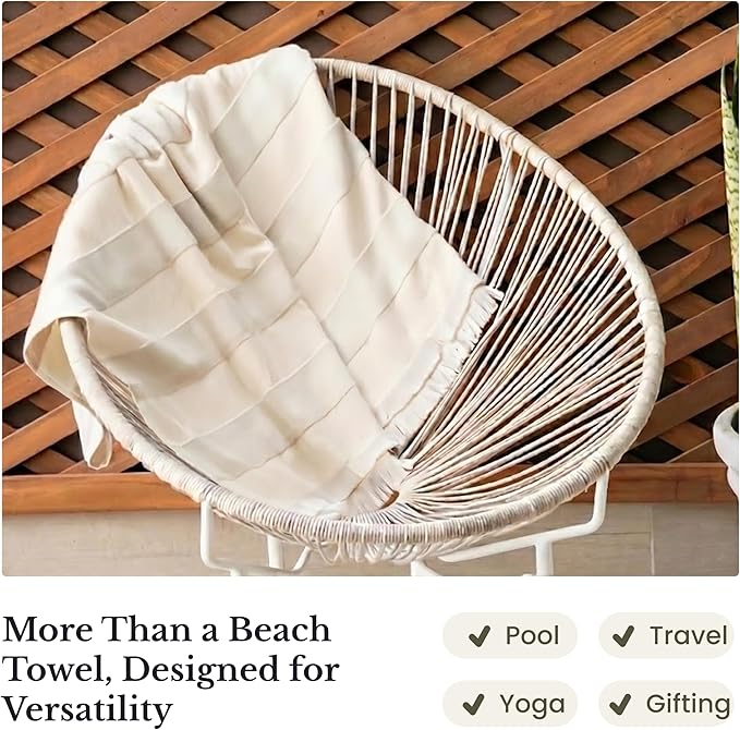 Lightweight Turkish Beach Towel - 100% BCI Cotton, Unbleached Raw Fringe, Oeko-TEX Certified, Absorbent, Eco-Friendly, 36x66”, Natural Stripes, Portable Sarong Blanket for Pool, Travel