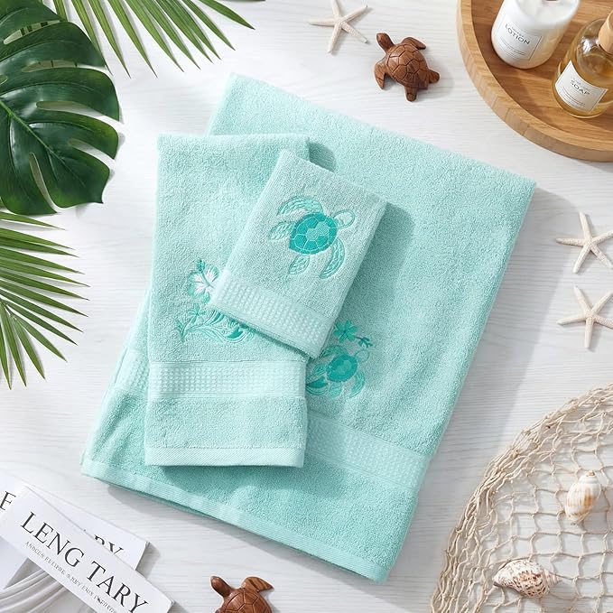 3 Pcs Rustic Sea Turtle Bathroom Towel Set Farmhouse Embroidered Sea Turtle Towels Vintage Decorative 100% Cotton Bath Towel Highly Absorbent Elegant Summer Decor Set for Bathroom