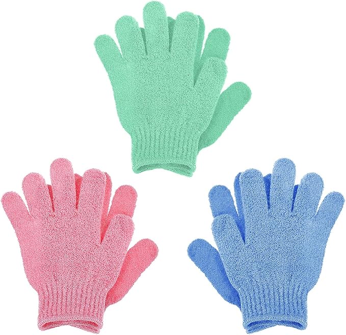 Sibba 3 Pair Bath Gloves for Shower Natural Loofah Exfoliating Wash Gloves for Body and Face, Dead Skin Remover, Double Sided Microfibre Shower Body Gloves for Adults and Kids